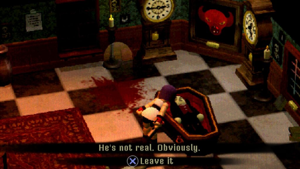 Mara sticks her head into a coffic to to inspect an animatronic vampire more closeley