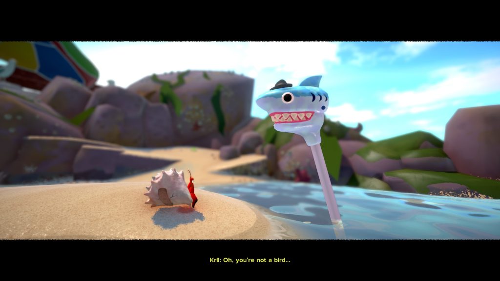 A plastic shark argues with Kril from Another Crab's Treasure