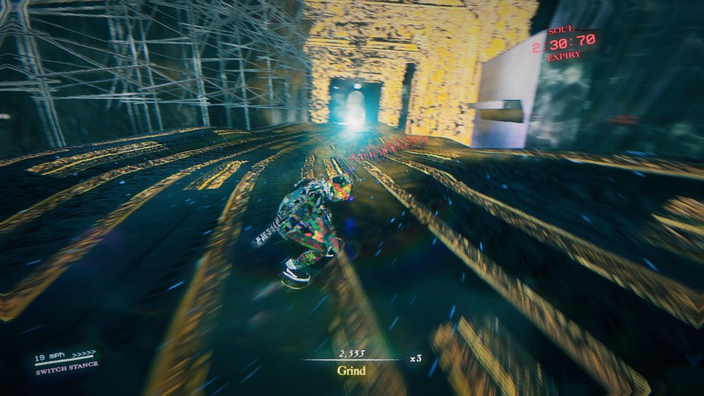 The skater glides through the a linear level while trying to beat a boss
