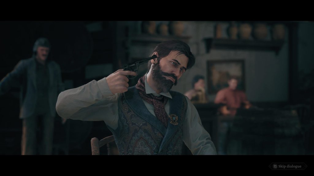 Wiktor is seated, holding a gun to his head in a game of Russian roulette